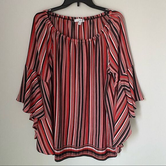 Fever Women’s Off Shoulder Scoop Neck Bell Kimono Sleeve Striped Blouse - Picture 1 of 5